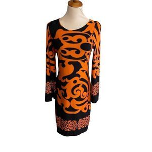 Nicola Antoni Bell Sleeve Orange / Navy Dress Size MED